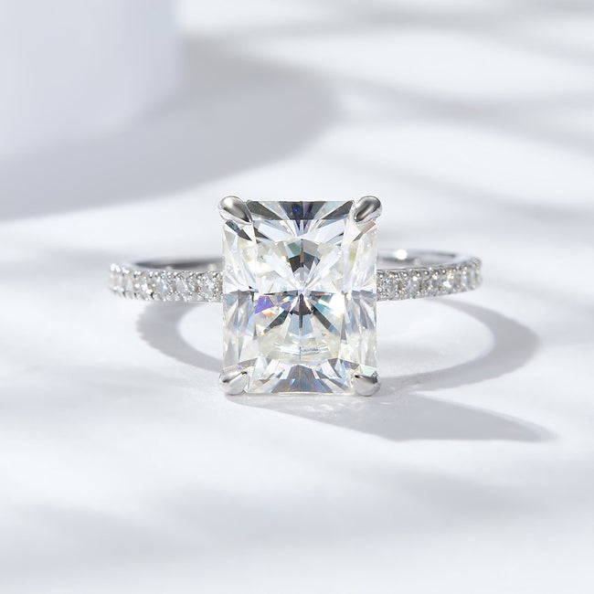 Real Moissanite 4ct 8*10mm Gorgeous Radiant Cut White D Deluxe Ring In S925 Silver Platinum Plated With GRA Certification Can Pass Test For Engagement Wedding Proposal Birthday