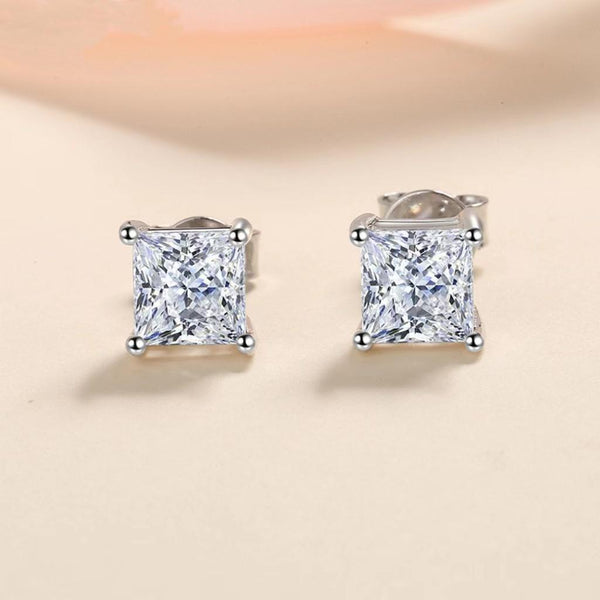 Luxe Moissanite L52 Four-prong 0.6ct 1ct 2ct Princess Cut White D Elegant Trendy Stud Earrings 925 Sterling Silver Plated For Engagement Wedding Proposal Anniversary LUXE Club