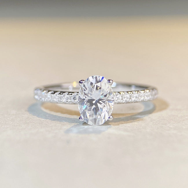 Real Moissanite 1ct Classic Oval Cut White D Side Stones Designed Ring In S925 Sterling Silver With GRA Certification Can Pass Test For Engagement Wedding Proposal Birthday